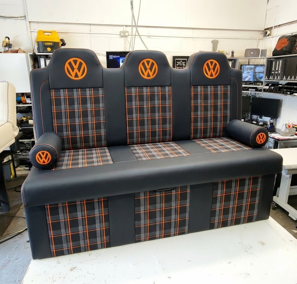 Full width orange tartan VW rock n roll bed Blue Note Upholstery